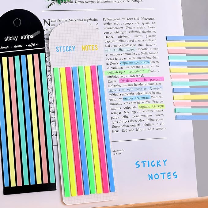 Juome 1280Pcs Highlighter Tape, Transparent Sticky Long Page Markers Tabs, Morandi Neon Clear Highlighter Strips Flags Stickers, Book Tabs for Annotating Books Aesthetic Office School Study Supplies