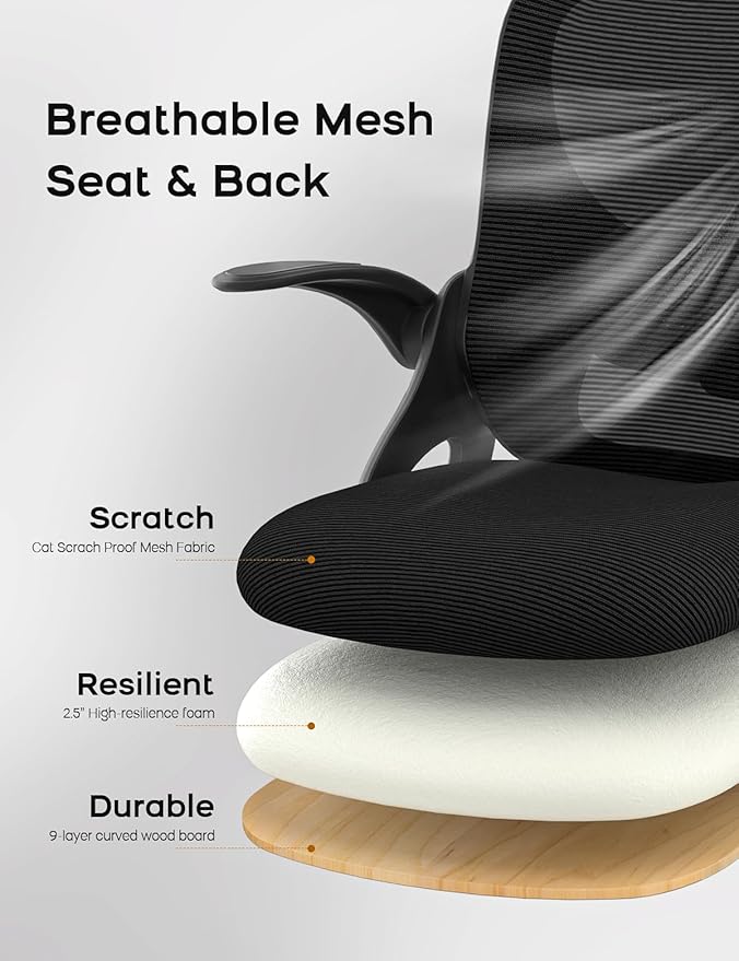 Mesh Office Chair Ergonomic Desk Chair with Up&Down Front&Rear 2 Dimensions Adjustable Lumbar Support and Flip-up Arm Rocking Comfy Swivel Computer Task Chair for Home Office(Black-Black)