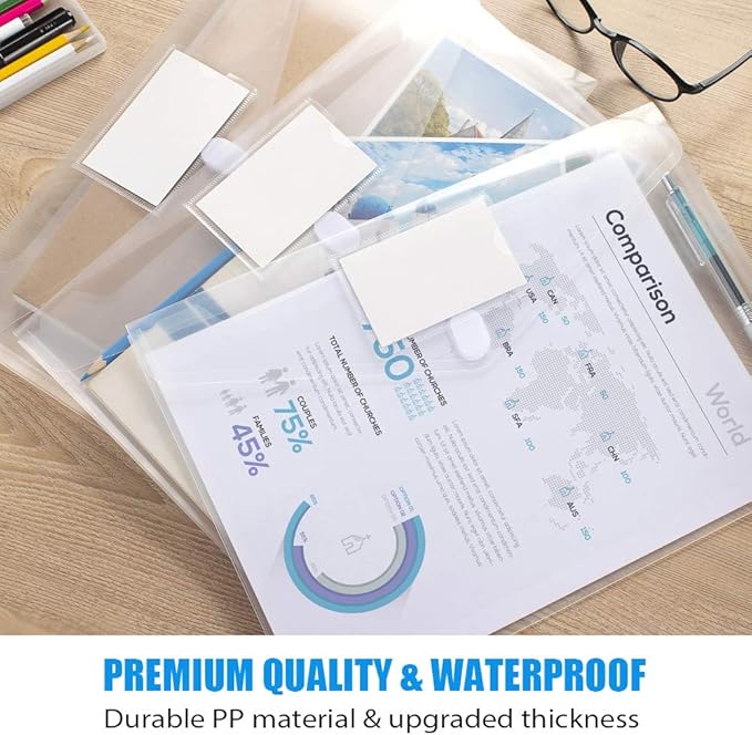 Sooez 10 Pack Plastic Envelopes File Folders, Clear Folder for Document US Letter A4 Size Poly Envelopes with Label Pockets for School Home Work Office Organizer, Clear