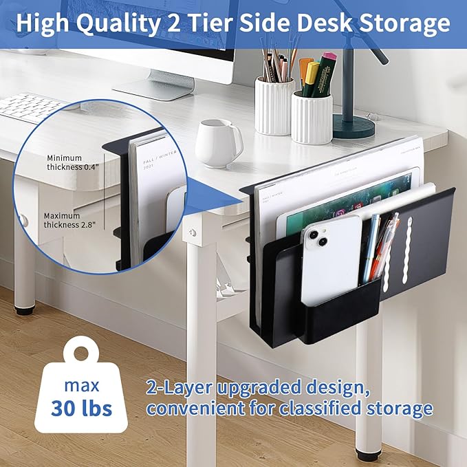 LUKETURE Desk Side Storage, 2 Tier Steel Hanging Organizer, No Drill Side Desk Organizer, Laptop Holder, with Pen Holder, Hanging Table Storage for Office and Home
