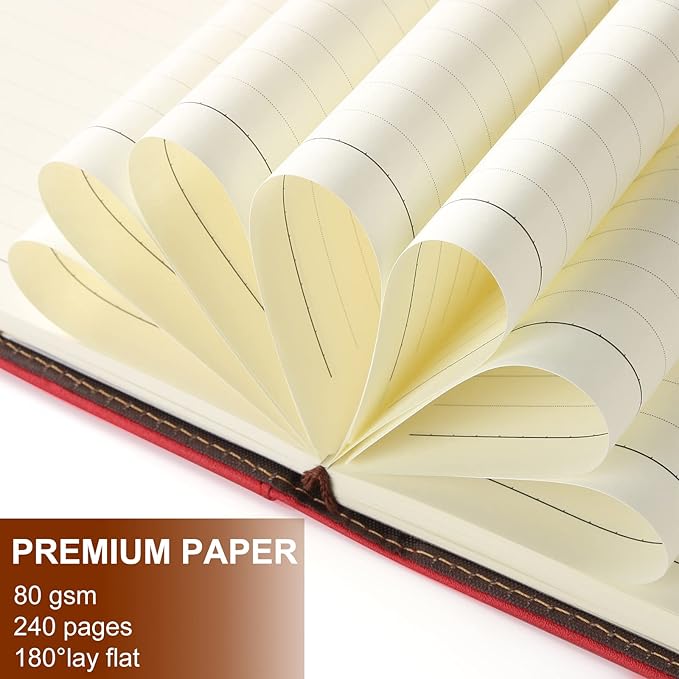 A5 Lined Leather Journal with Pen, 240 Pages Refillable Hardcover Notebook with Pocket and Magnetic Buckle, 80gsm Thick Daily Diary for Men and Women, Great Gift for Business School Travel Personal - Red