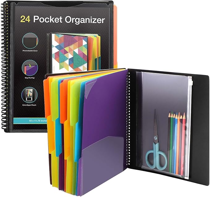 KTRIO 24 Pocket Poly Project Organizer, Spiral Binder Organizer Multi Pocket Folder with Dividers, Back Cover Utility Pouch, Letter Size School Supplies
