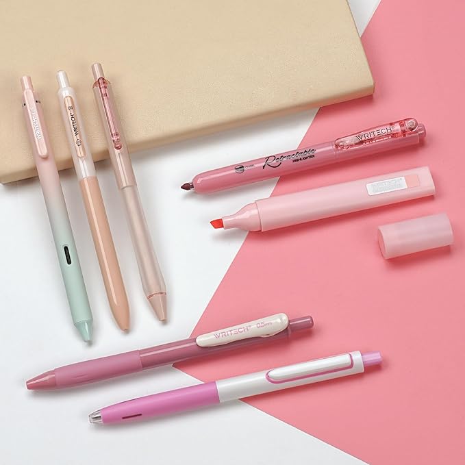 WRITECH Gel Pens Journaling Highlighters: Journal Set Aesthetic Assorted Pastel Color Ink 0.5mm Fine Point Retractable 0.7mm Black Pen Smooth Writing Drawing No Bleed 7ct (Pink)