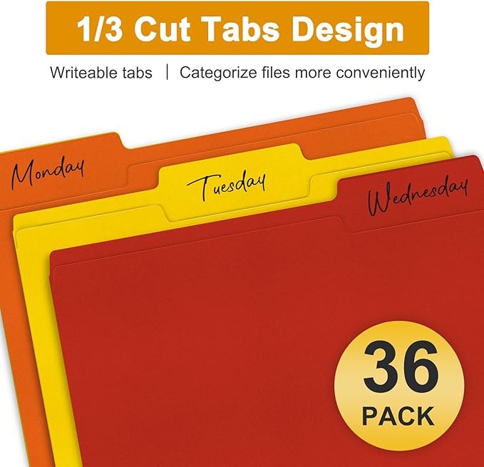 ViVin File Folders, Fits 8.5 x 11 Letter Size Paper, 1/3-Cut Tabs, 36 Pack Manilla Colored File Folders, Perfect for Home, Office, and School Documents File Paper(Multicolored)