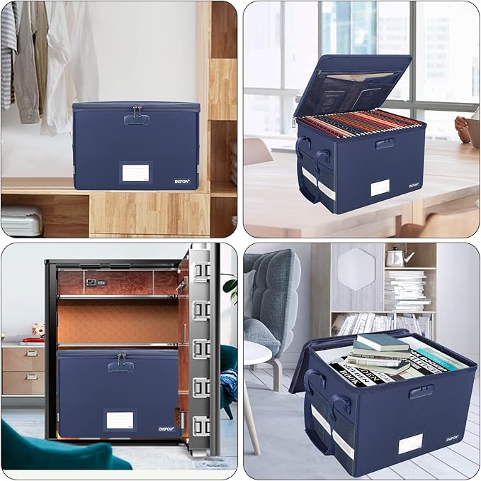 ENGPOW File Box with Lock,Fireproof Document Box with Pockets,Collapsible File Storage Organizer Filing Cabinet with Handle,Portable Home Office Safe for Hanging Letter/Legal Folders,2 Pack(Blue)