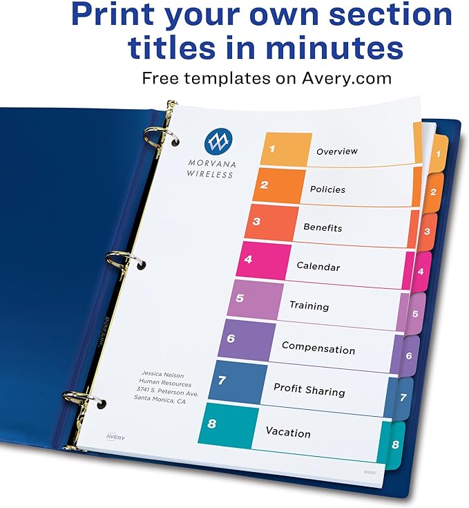 Avery 8 Tab Dividers for 3 Ring Binders, Customizable Table of Contents, Multicolor Tabs, 1 Set (11133)