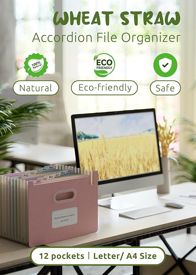 Accordion File Organizer, 12 Pockets Wheat Straw Expanding File Folders, Upright&Open Top, Monthly Bill Receipt Organizer, 100%BPA Free, Return to Nature, Healthy Living,Letter/A4 Size-Strawberry Pink