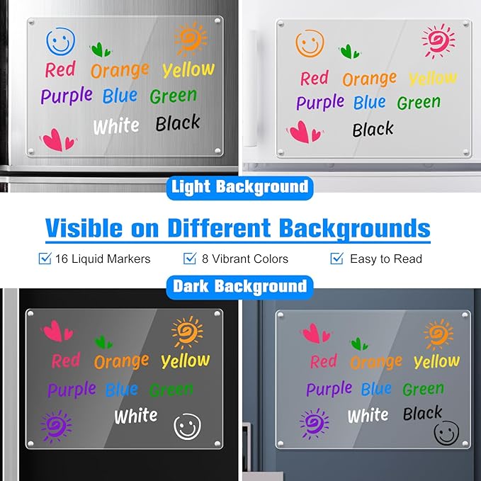 Liquid Chalk Markers Magnetic Wet Erase Markers for Acrylic Calendar Planning Board Clear Glass Writing Board Whiteboard Window/Mirror, 16 Pack, 8 Vibrant Color, 1mm Fine Tip