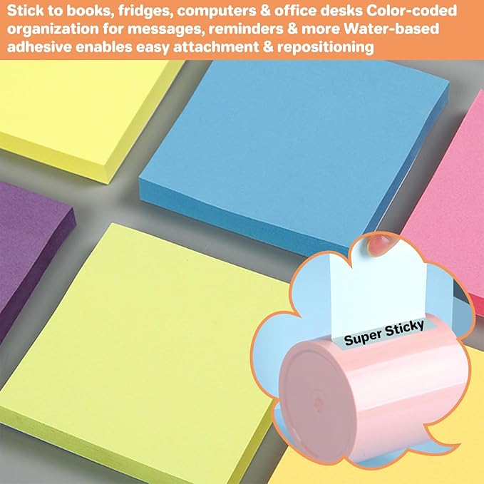 (9 Pack) Sticky Notes 3x3 Inches Colorful Sticky Notes,Super Sticking Power Bright Colors Self-Stick Pads,Easy to Post for School Supplies and Office Products,56 Sheets/Pad,504Sheets