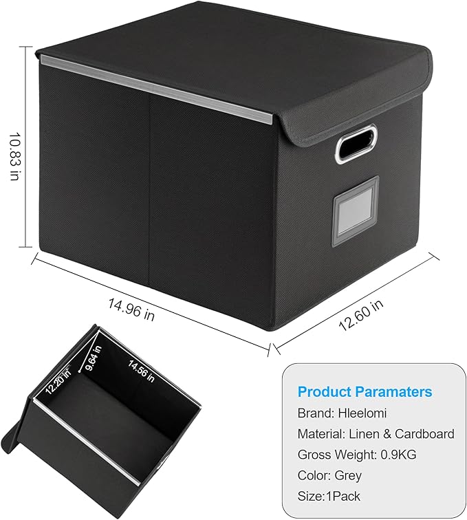 File Organizer Box with Lid, Collapsible File Folder with Plastic Slide for Office/Decor/Home, Hanging Office Document Storage, 14.9 6x 12.6 x 10.83 inch,1 pack - without folders,Black