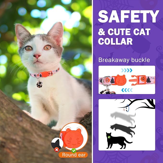 SCENEREAL Halloween Breakaway Cat Collar with Bells, Safety Buckle Soft Adjustable Cats Collars for Daily Wearing, Kitten Puppy Personalised Collars for Dogs Girl Boy