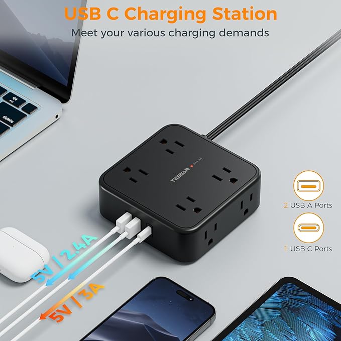 Surge Protector Flat Plug Power Strip, Black Extension Cord, 8 AC Outlets, 3 USB Charger(1 USB C Port) 3 Side Outlet Extender, 5 Ft, 900 Joules Protection, Office Supplies, Dorm Room Essentials