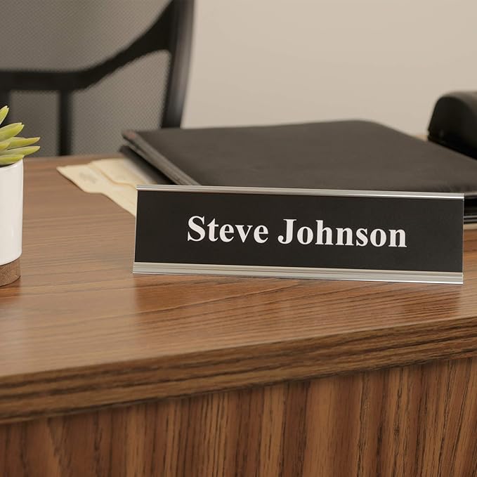 ExcelMark 2" x 8" Aluminum Name Plate Holder for Desk - Set of 5 - Office Business Door Sign Holder - Silver