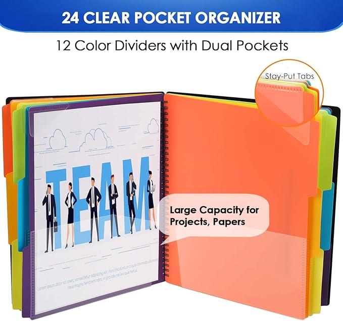 KTRIO 24 Pocket Poly Project Organizer, Spiral Binder Organizer Multi Pocket Folder with Dividers, Back Cover Utility Pouch, Letter Size School Supplies