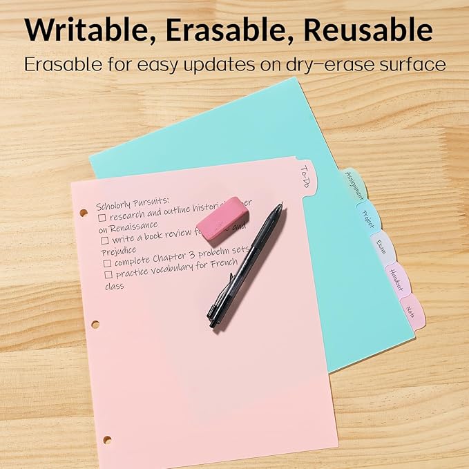 Sooez 8-Tab Durable Plastic Write & Erase Big Tab Dividers for 3 Ring Binder, Aesthetic Cute Pastel Binder Dividers for Student, Teacher, Office, Home Organizers, 3 Sets, Morandi
