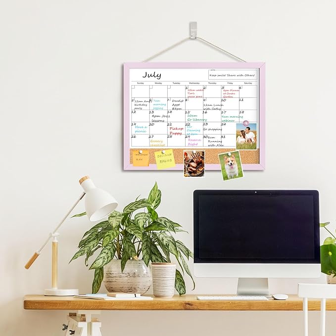 Dry Erase Calendar Cork Board Combo, 17"x13" Calendar Whiteboard for Wall, Magnetic White Board Monthly Calendar with Pink Wood Framed, Dry Erase Board for Planner Office Kitchen Home Memo