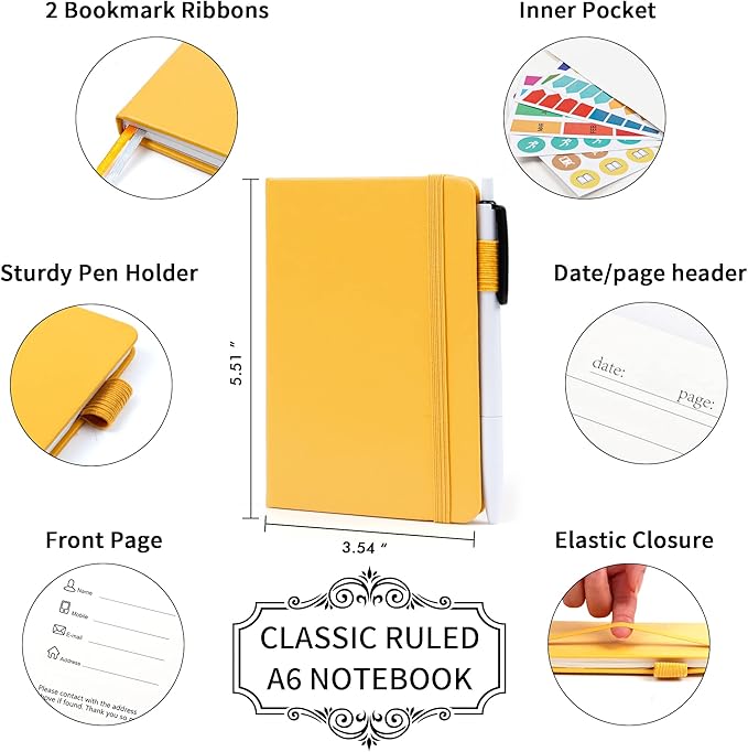 feela 15 Pack Pocket Small Notebooks Bulk, Mini Cute Notepads Hardcover College Ruled Lined Journals with Pen Holder for School Business Memos, with 15 Black Pens, 3.5”x 5.5”, A6, Yellow