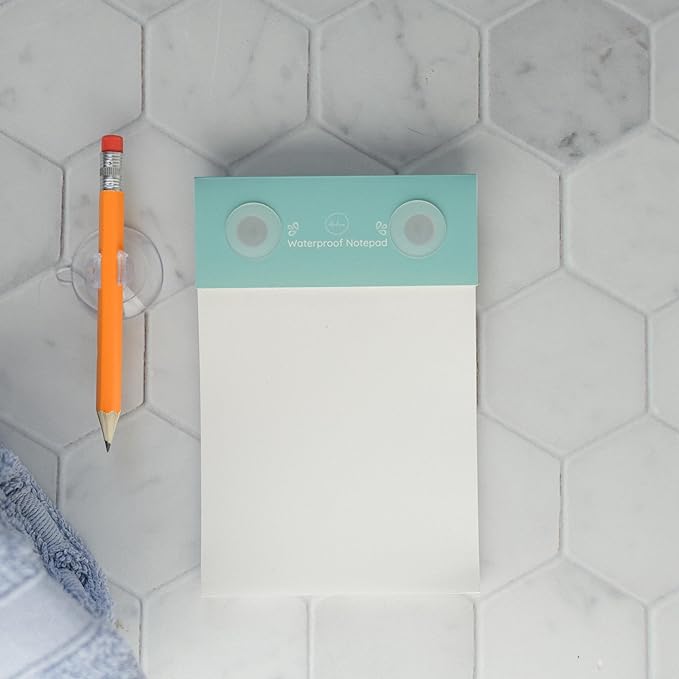 Halsa Waterproof Shower Notepad with Pencil, Sharpener & Suction Cups – 40 Sheets for Waterproof Writing – Capture Ideas in the Shower – Ideal for Bathroom, Office, or Travel