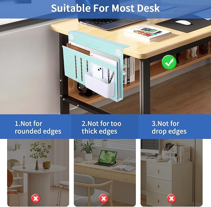 LUKETURE Desk Side Storage, Steel Hanging Organizer, No Drill Laptop Holder with Pen Holder, Side Desk Organizer, Space Saving Table Accessories for Home Office Workspacee (Blue, M(1 Tier))
