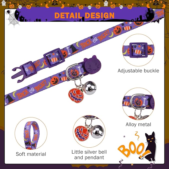 SCENEREAL Halloween Breakaway Cat Collar with Bells, Safety Buckle Soft Adjustable Cats Collars for Daily Wearing, Kitten Puppy Personalised Collars for Dogs Girl Boy