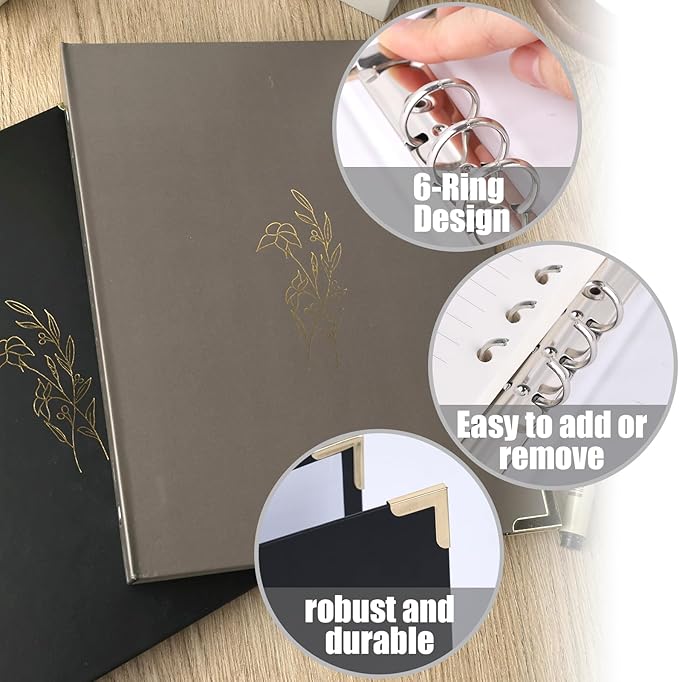Koogel 2 Sets 6-Ring Binders, Refillable Binder 7"x9.3" Black and Gray Planner Binder for Journaling Collections with 70 Sheets Ruled Refill Paper 70gsm