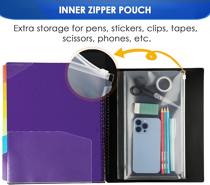 KTRIO 12 Pocket Poly Project Organizer, Spiral Binder Organizer Multi Pocket Folder with Dividers, Back Cover Utility Pouch, Letter Size School Supplies
