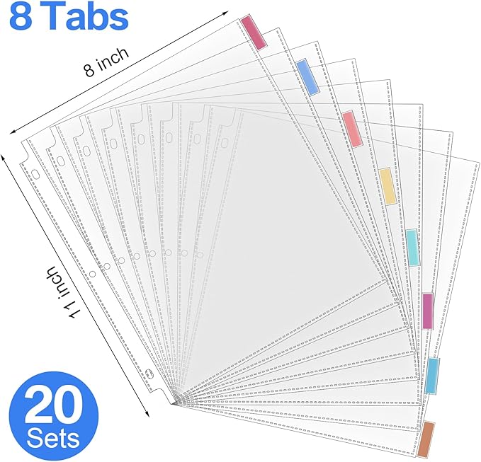 ReliThick 12 Set of 96 Pack Clear Binder Sheet Protectors with 8 Tabs Sturdy Binder Sheet Protectors for 3 Ring Plastic Page Insertable Index Divider, 8.5 x 11 Inch