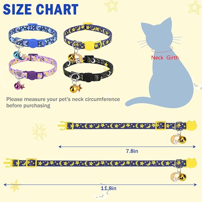 SCENEREAL Cute Cat Collar with Bell Breakaway, 4 Pack Star and Moon Pendant Spring Pet Collar for Girl Boy Cats, Adjustable Safety Black Kitten Puppy Collars Size 8-12"