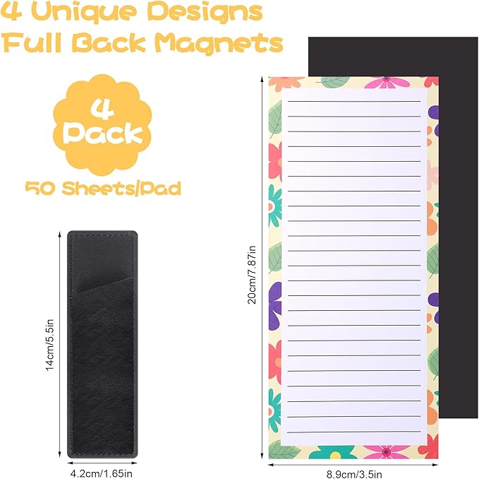 4 Pack Magnetic Note Pad for Fridge with Pen Holder, Totally 200 Sheets Grocery List Magnet Pad for Refrigerator Magnetic Shopping List Pad(Floral Design)