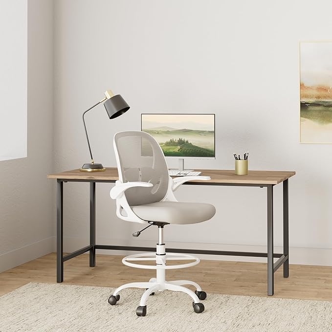 Primy Ergonomic Drafting Chair with Flip-up Armrests for Standing Desk - Tall Office Chair with Lumbar Support and Adjustable Footrest Ring(Gray)