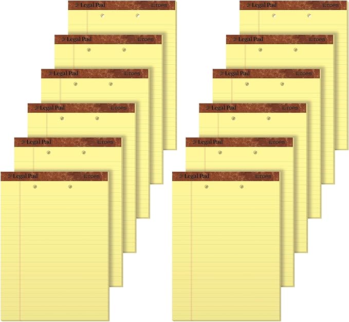 TOPS The Legal Pad Writing Pads, 8-1/2" x 11-3/4", Canary Paper, Legal Rule, 50 Sheets, 12 Pack (7531)