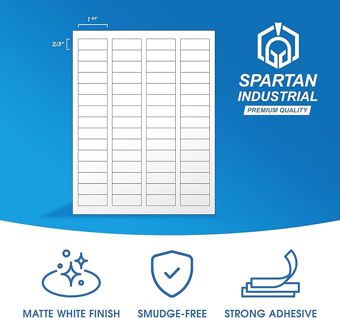 1 3/4" X 2/3" Matte White Return Address Labels Compatible with Inkjet and Laser Printers - 30 Sheets, 1800 Small Printable Stickers for Mailing, Barcodes, Organization - Spartan Industrial