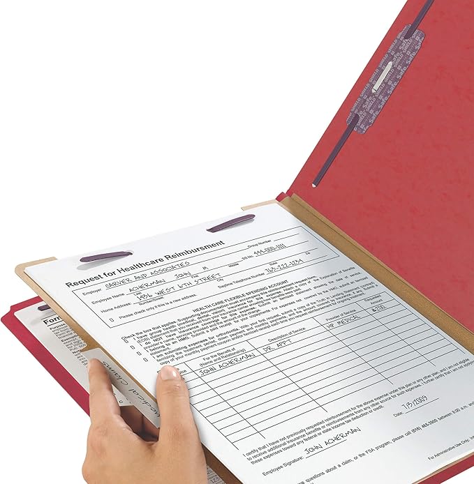 Smead Pressboard Classification File Folder with SafeSHIELD Fasteners, 1 Divider, 2" Expansion, Legal Size, Bright Red, 10 per Box (18731)