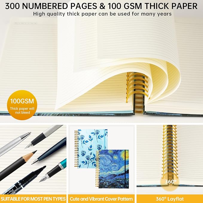 300 Pages Journal 100GSM Pages 3 Pockets Thick Superhard Cover Spiral Notebook for Women 8.5x11 Spiral Journal for Women Large Notebook for Women Cute Notebook Floral Journal Gift