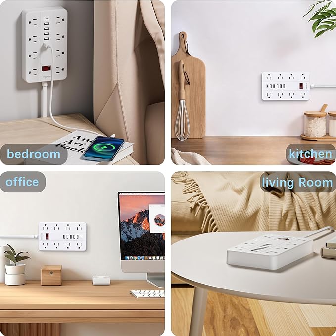 Extension Cord Power Strip Surge Protector 15 Ft, HUNIAN Flat Plug with 8 Widely Spaced Outlets 6 USB (1 USB C Port), Wall Mount Charging Station for Home and Office