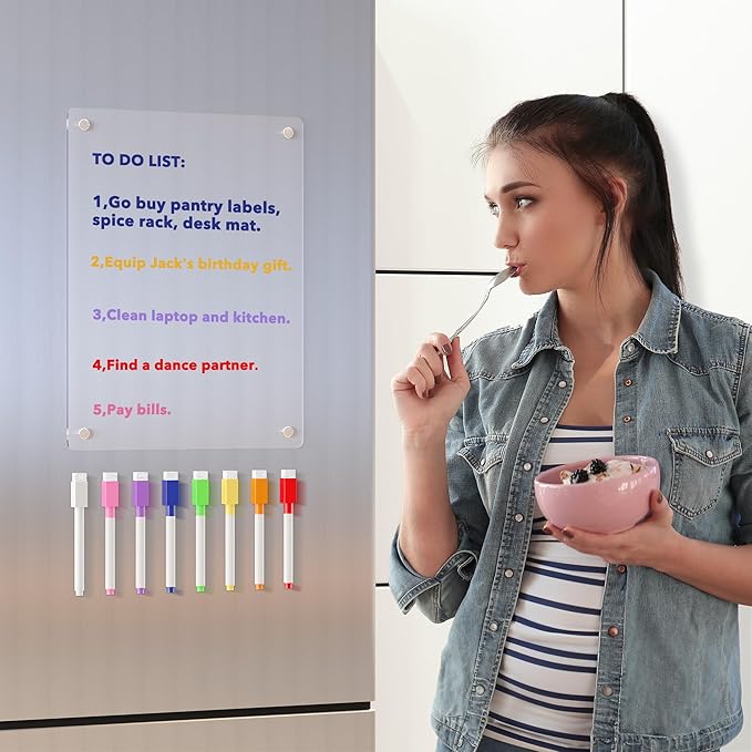 Acrylic Magnetic Dry Erase Board for Fridge, Clear Whiteboard for Refrigerator, Notepad Memo to Do/Grocery List White Board, w/ 8 Colors Markers, 12"x9"