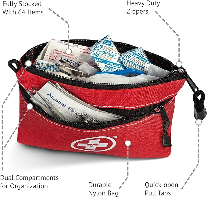 Swiss Safe 2-in-1 First Aid Kit for Car, Travel & Home, Businesses - Bonus Mini Kit for Medical Emergency Aid, Survival, Camping - FSA & HSA Eligible - 64 Piece, Travel FAK