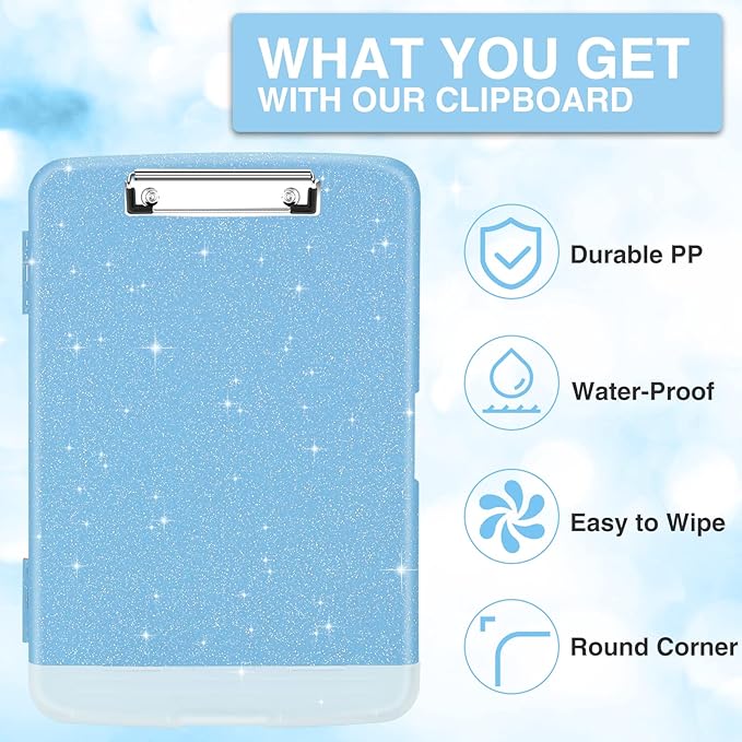 Sooez Glitter Clipboard with Storage, High Capacity Storage Clipboard with Pen Holder, Cute Clip Boards 8.5x11 with Low Profile Clip, Sparkle Plastic Clipboard Case Box for Women & Kids, Side Opening