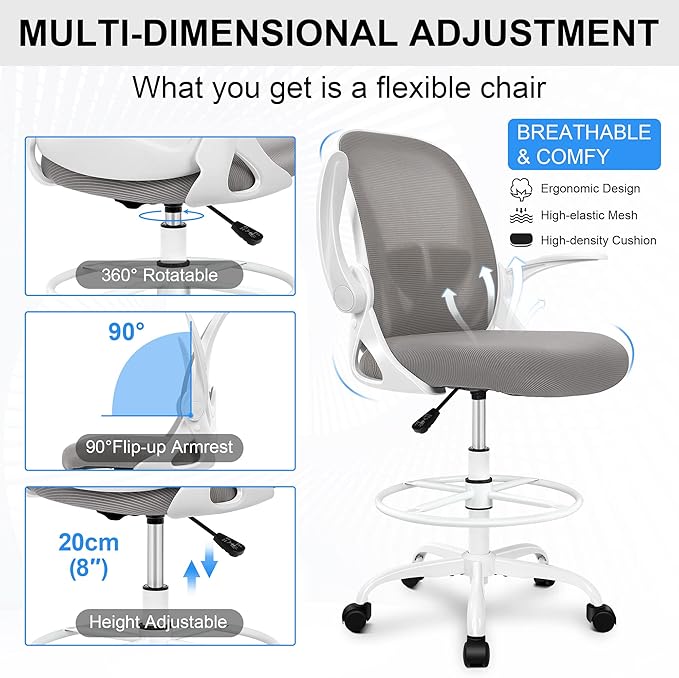 Primy Ergonomic Drafting Chair with Flip-up Armrests for Standing Desk - Tall Office Chair with Lumbar Support and Adjustable Footrest Ring(Gray)