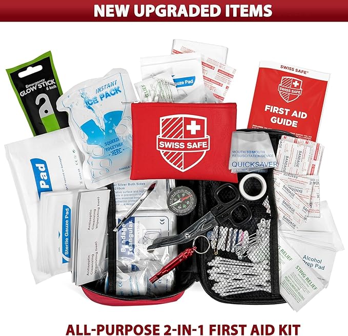 Swiss Safe 2-in-1 First Aid Kit for Car, Travel & Home, Businesses - Bonus Mini Kit for Medical Emergency Aid, Survival, Camping - FSA & HSA Eligible - 120+32 Pcs, Small+Travel FAK