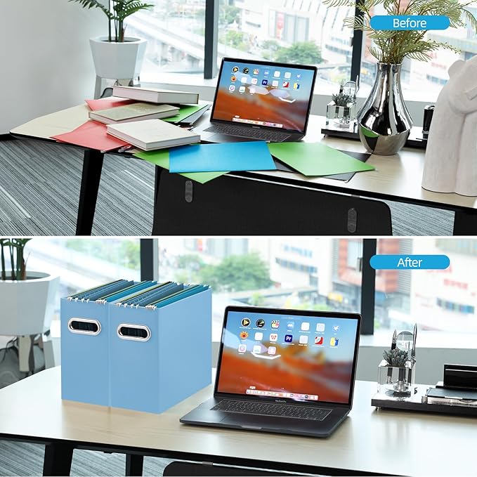Oterri File Organizer, Small Storage Box, Cardboard File Folder Organizer, Collapsible File Box, Hanging File Organizer for Letter Size, Portable File Box with Handle, Only Box (Blue, 6 Packs)
