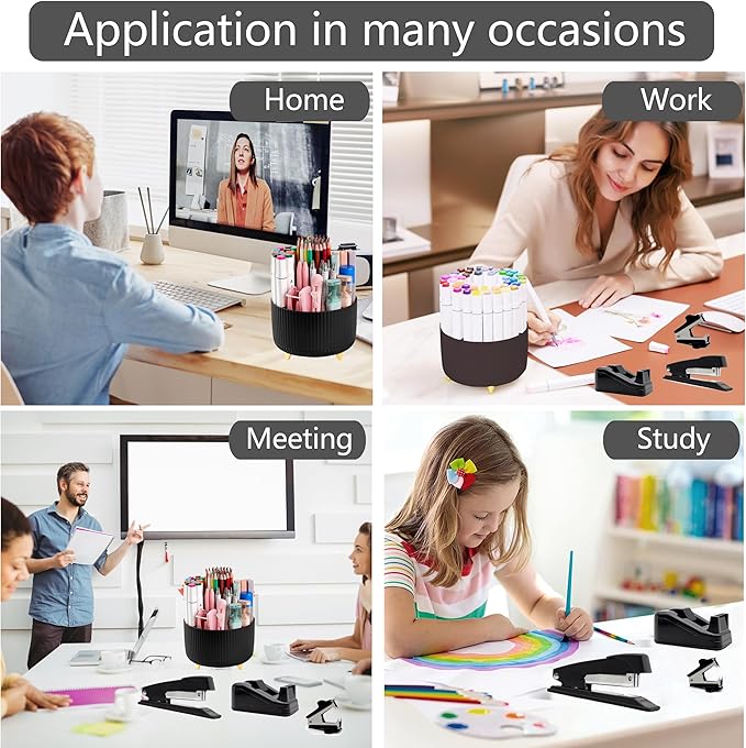 Office Desk Accessories, Black Office Supplies 360°Pen Holder Desk Organizers And Accessories with Tape Dispenser, Stapler, Staple Remover, 1000 Staples, Tape, Clips Set, Ruler, Scissor, Pen