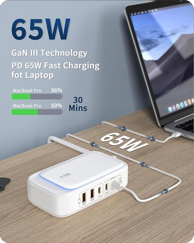 Power Strip with USB Ports, 65W USB C Charger for Laptop 5FT Flat Extension Cord Outlet Extender with 2 AC Outlets, 3 USB C Ports, 2 USB A Ports, Surge Protector Desktop USB Charging Station
