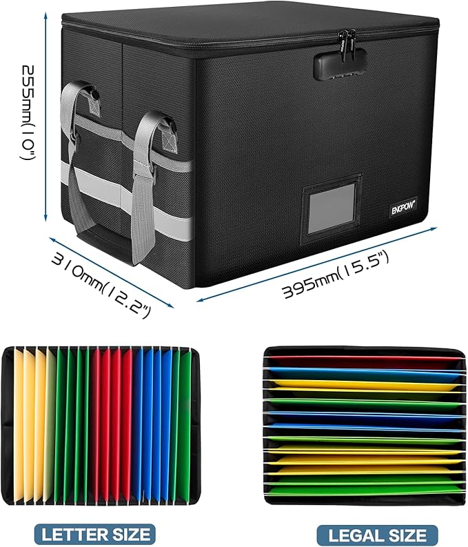 ENGPOW File Box with Lock,Fireproof Document Box with Zipper&Pockets,Collapsible File Organizer Filing Storage Cabinet with Handle,Portable Home Office Safe for Hanging Letter/Legal Folder,Black