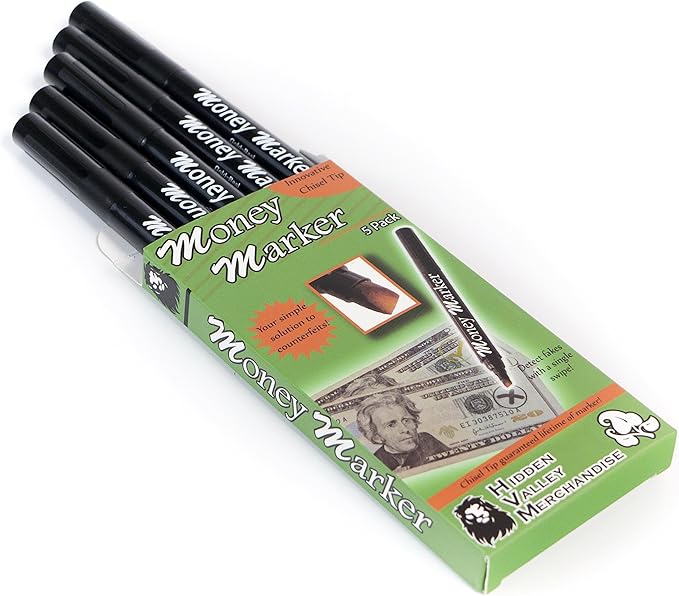 Money Marker (5 Counterfeit Pens) - Counterfeit Bill Detector Pen with Upgraded Chisel Tip - Detect Fake Counterfit Bills, Universal False Currency Pen Detector Pack