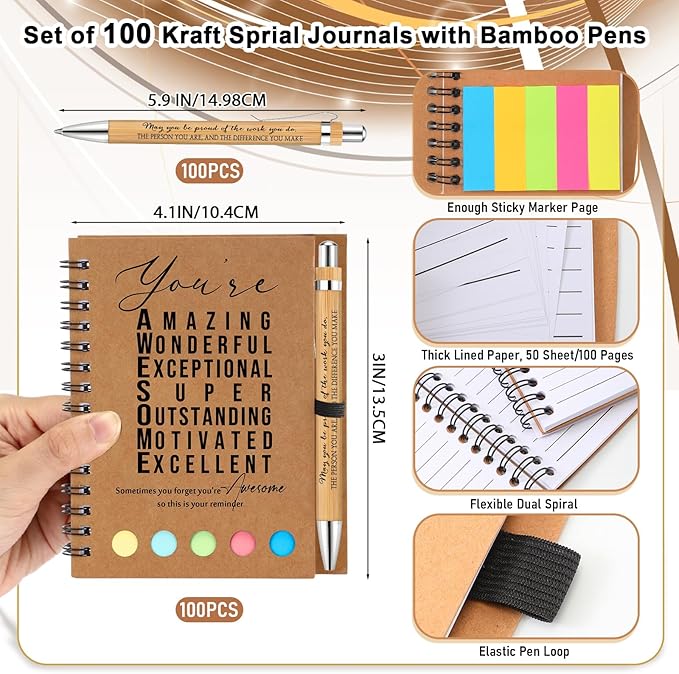 Jetec 100 Sets Bulk Employee Appreciation Gifts Bulk Inspirational Spiral Notebook with Note Ballpoint Pen Thank You Gifts for Volunteer Social Worker Nurse Staff Coworker Students (Amazing)