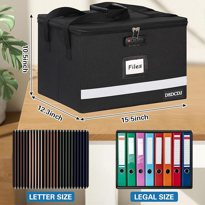 File Box with Lock 2 Pack - Portable File Box with Handle, Sturdy Important Document Organizer with Label, Slide, Reflective Strip for Hanging Letter/Legal Folder