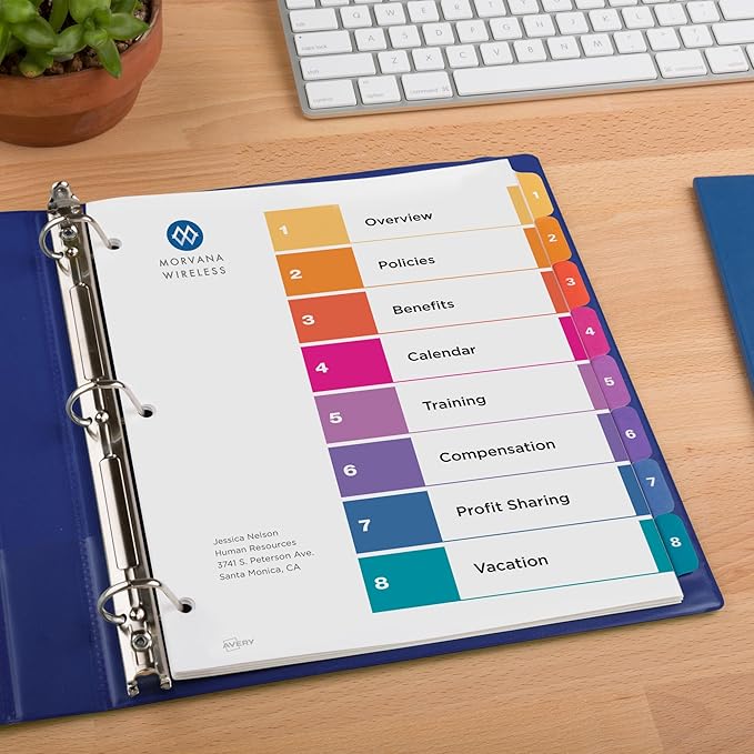 Avery 8 Tab Dividers for 3 Ring Binders, Customizable Table of Contents, Multicolor Tabs, 3 Sets (11071)