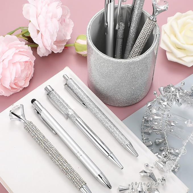 Sabary 8 Pcs Ballpoint Pens with Pen Holder for Desk Glitter Crystal Diamond Fancy Pencil Holder Bling Desk Organizer Cute Stationery Supplies for Women Girls Wedding Office School Gifts(Silver)