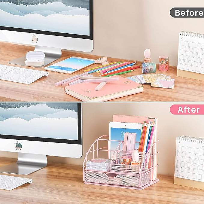 Pink Desk Organizers and Accessories, Pink Office Supplies with Mesh Desk Organizer, Acrylic Tape Dispenser and Stapler, Staples, Ballpoint Pen, Clips Set, Ruler, Scissor, Sticky Labels